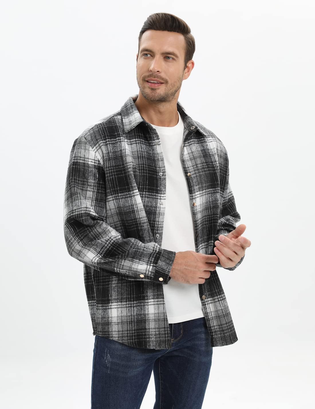 Mens Casual Cotton Plaid Shirts Long Sleeve Button-Down Flannel Overshirt Jacket - Picture 59 of 112