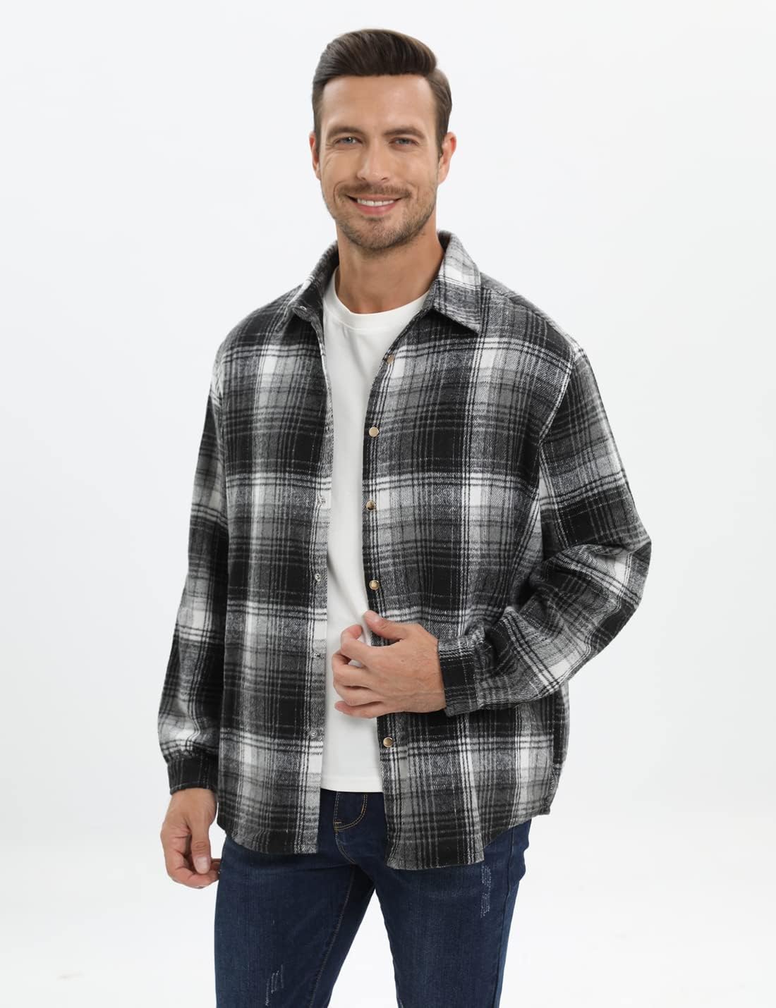 Mens Casual Cotton Plaid Shirts Long Sleeve Button-Down Flannel Overshirt Jacket - Picture 60 of 112