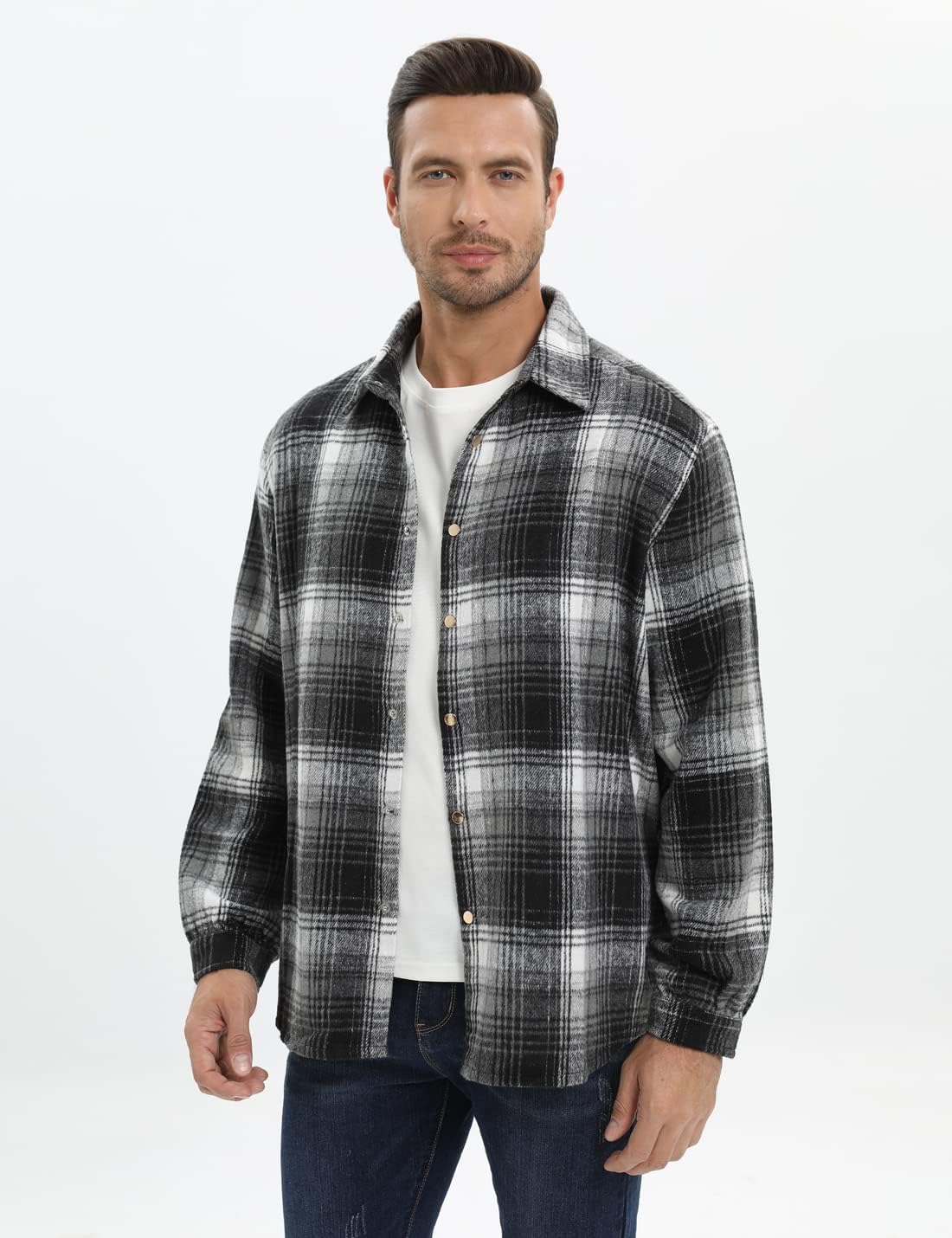 Mens Casual Cotton Plaid Shirts Long Sleeve Button-Down Flannel Overshirt Jacket - Picture 61 of 112