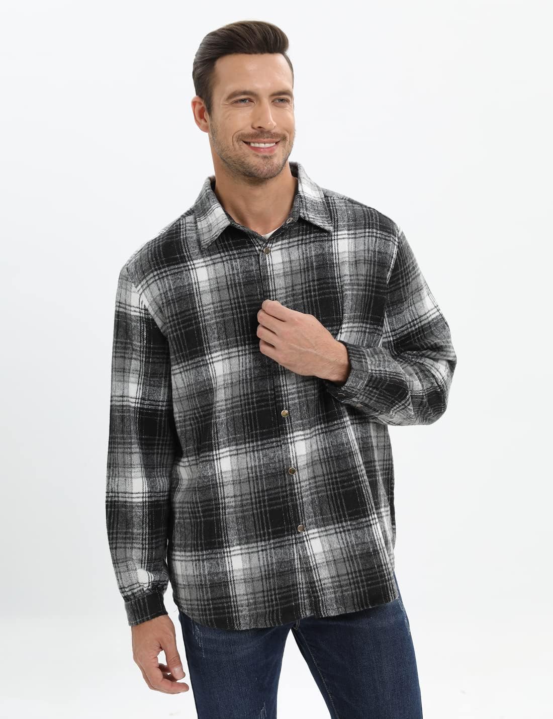 Mens Casual Cotton Plaid Shirts Long Sleeve Button-Down Flannel Overshirt Jacket - Picture 62 of 112