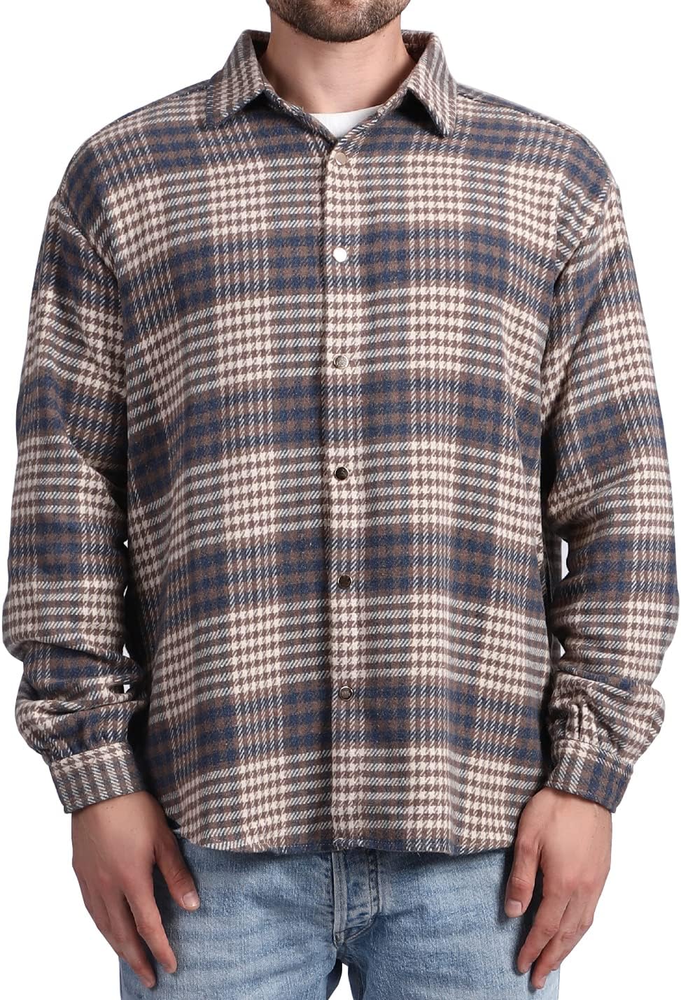 Mens Casual Cotton Plaid Shirts Long Sleeve Button-Down Flannel Overshirt Jacket - Picture 66 of 112