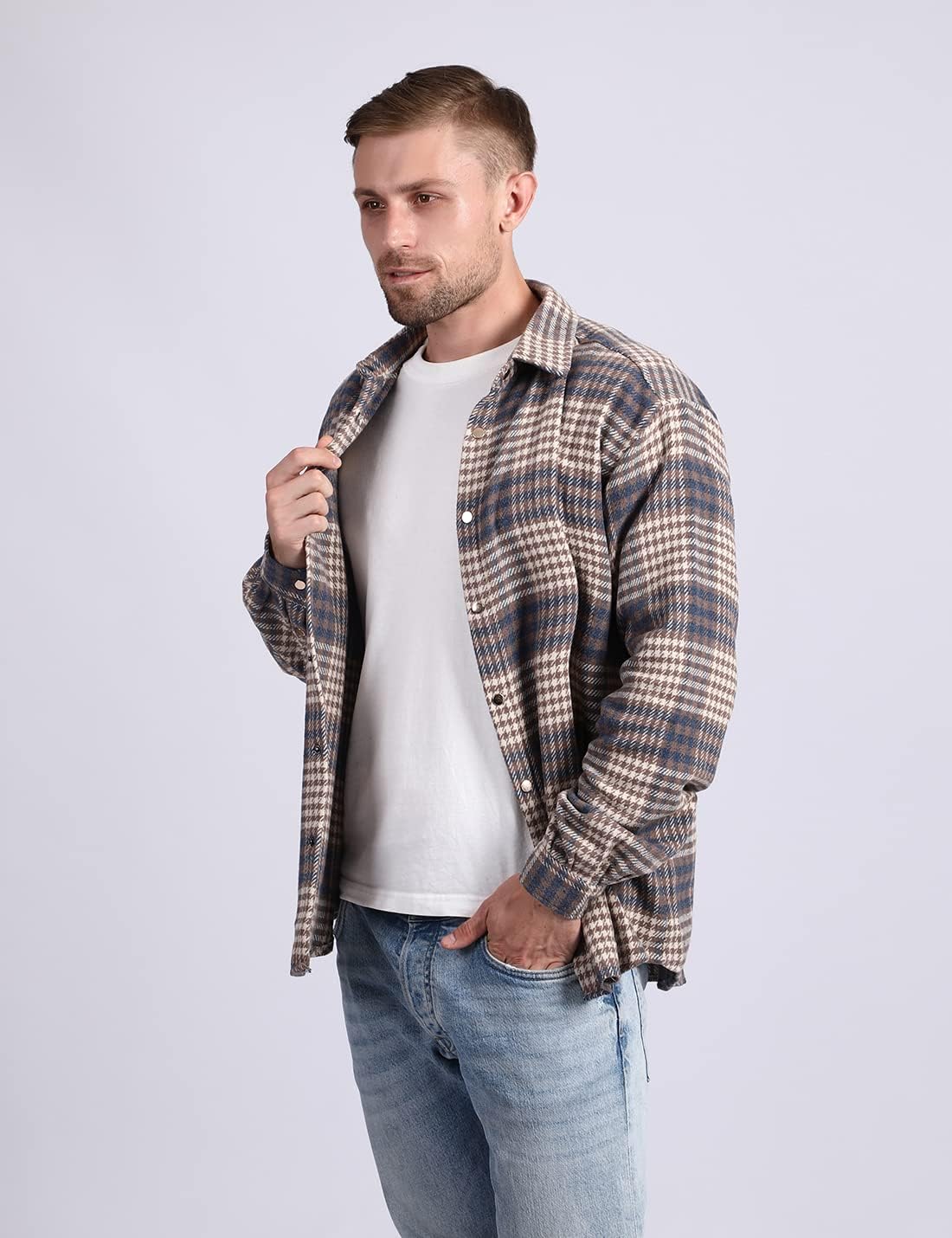 Mens Casual Cotton Plaid Shirts Long Sleeve Button-Down Flannel Overshirt Jacket - Picture 68 of 112