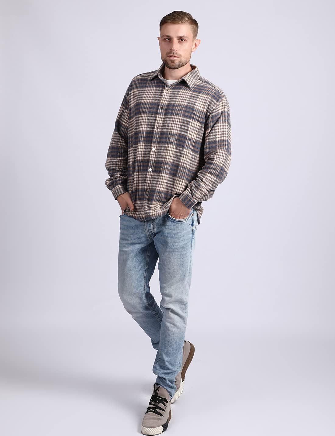 Mens Casual Cotton Plaid Shirts Long Sleeve Button-Down Flannel Overshirt Jacket - Picture 69 of 112