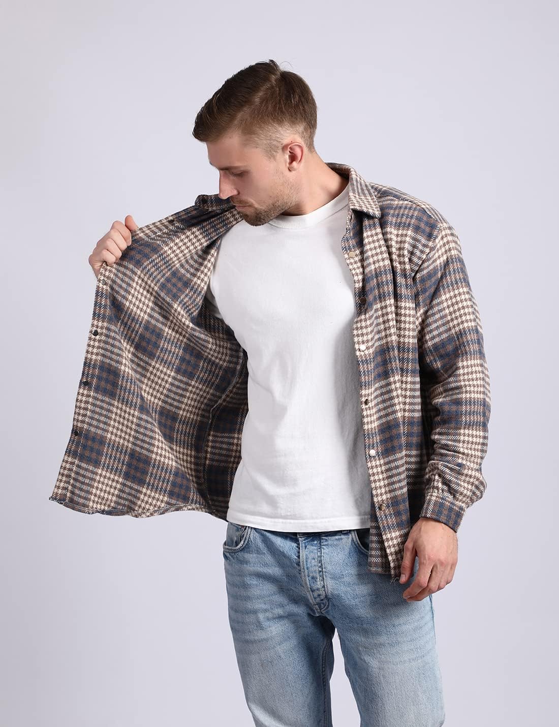 Mens Casual Cotton Plaid Shirts Long Sleeve Button-Down Flannel Overshirt Jacket - Picture 70 of 112
