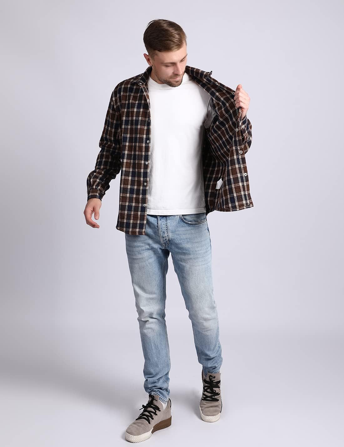Mens Casual Cotton Plaid Shirts Long Sleeve Button-Down Flannel Overshirt Jacket - Picture 76 of 112