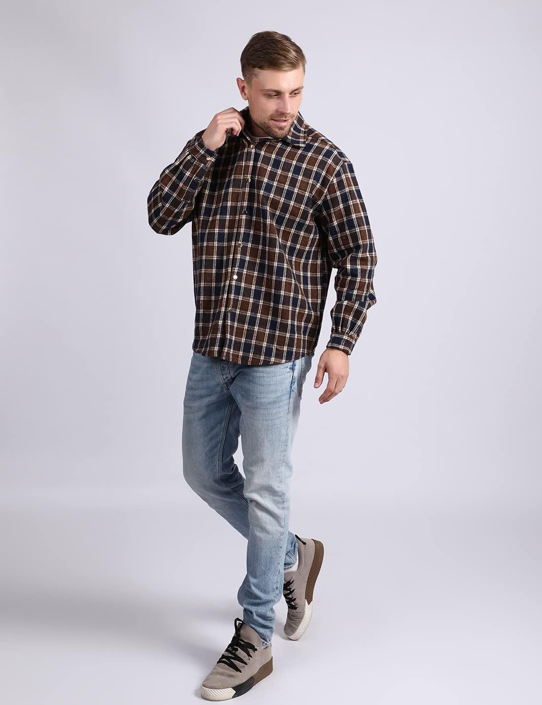 Mens Casual Cotton Plaid Shirts Long Sleeve Button-Down Flannel Overshirt Jacket - Picture 77 of 112
