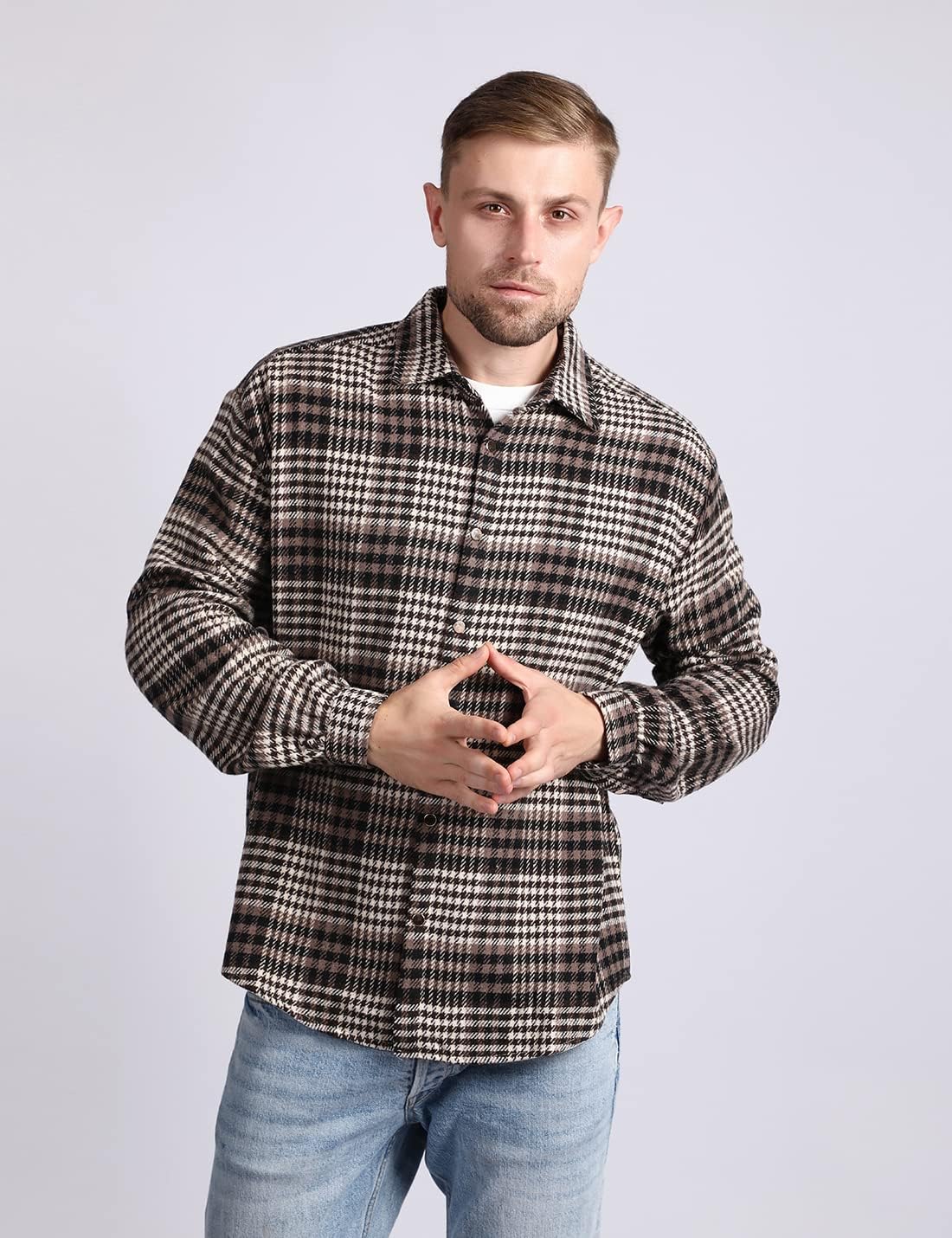 Mens Casual Cotton Plaid Shirts Long Sleeve Button-Down Flannel Overshirt Jacket - Picture 82 of 112