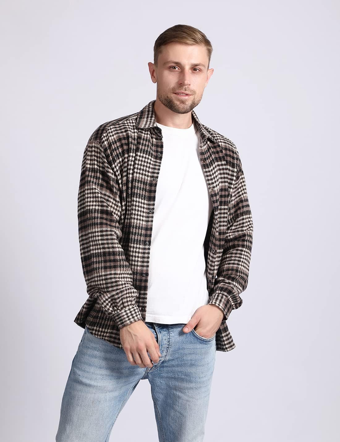 Mens Casual Cotton Plaid Shirts Long Sleeve Button-Down Flannel Overshirt Jacket - Picture 84 of 112