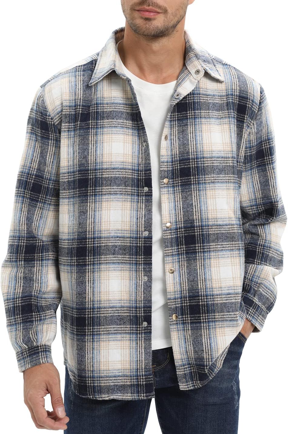 Mens Casual Cotton Plaid Shirts Long Sleeve Button-Down Flannel Overshirt Jacket - Picture 85 of 112