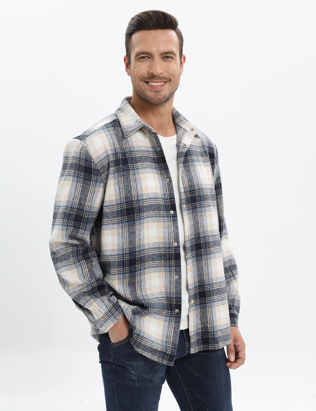 Mens Casual Cotton Plaid Shirts Long Sleeve Button-Down Flannel Overshirt Jacket - Picture 87 of 112