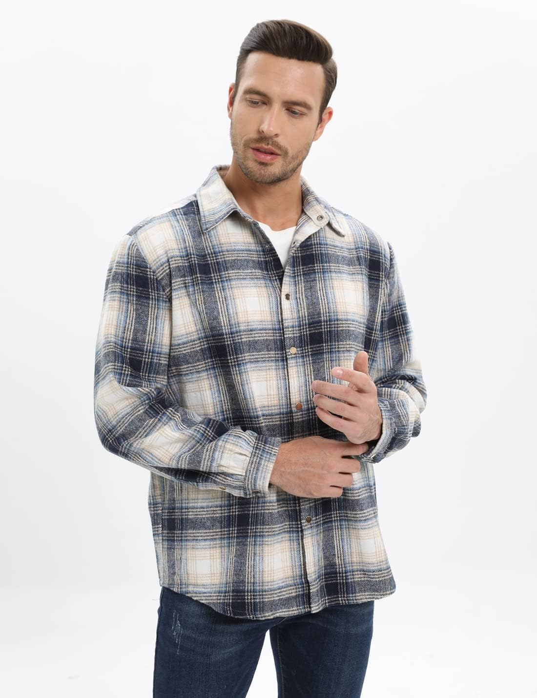 Mens Casual Cotton Plaid Shirts Long Sleeve Button-Down Flannel Overshirt Jacket - Picture 88 of 112