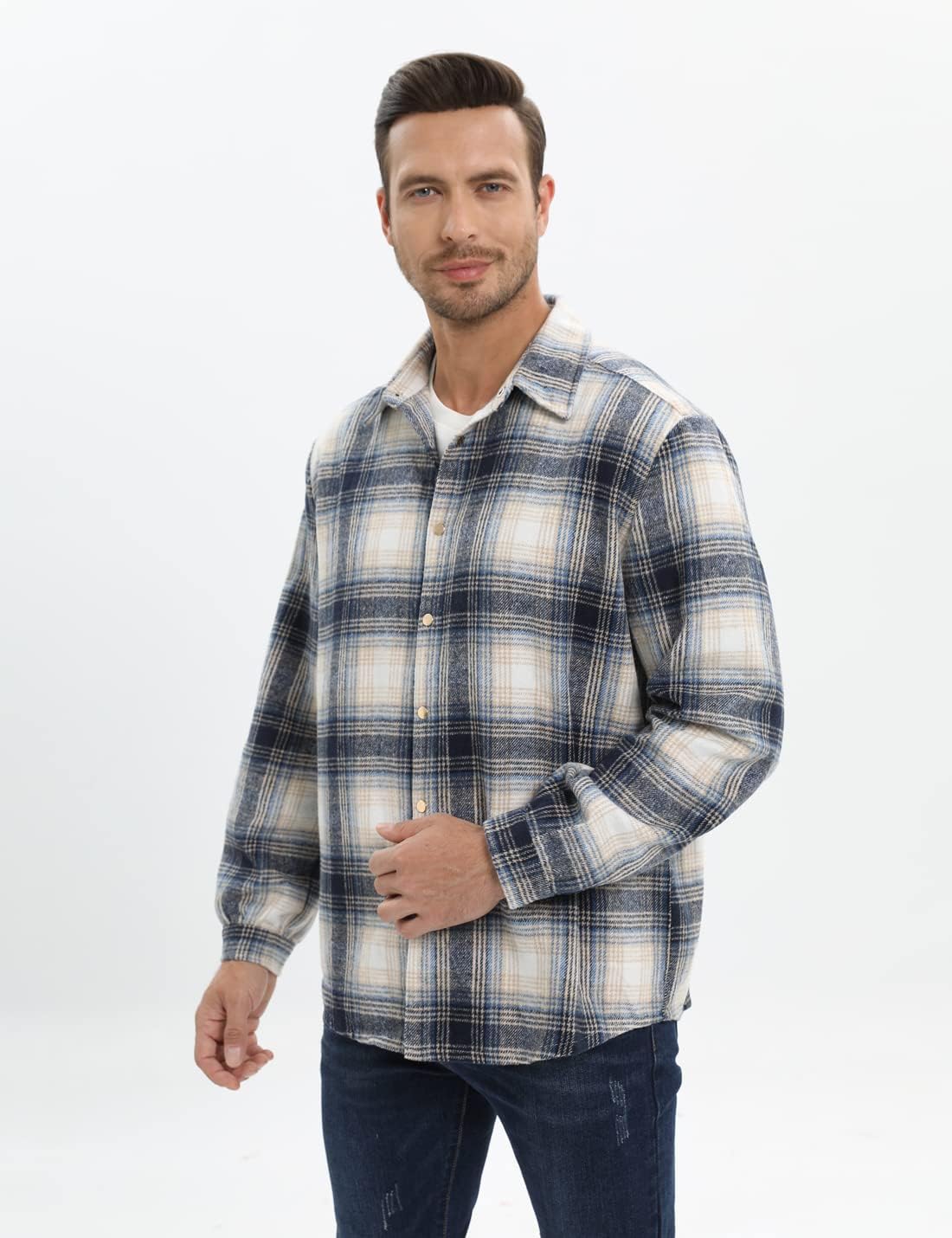 Mens Casual Cotton Plaid Shirts Long Sleeve Button-Down Flannel Overshirt Jacket - Picture 89 of 112