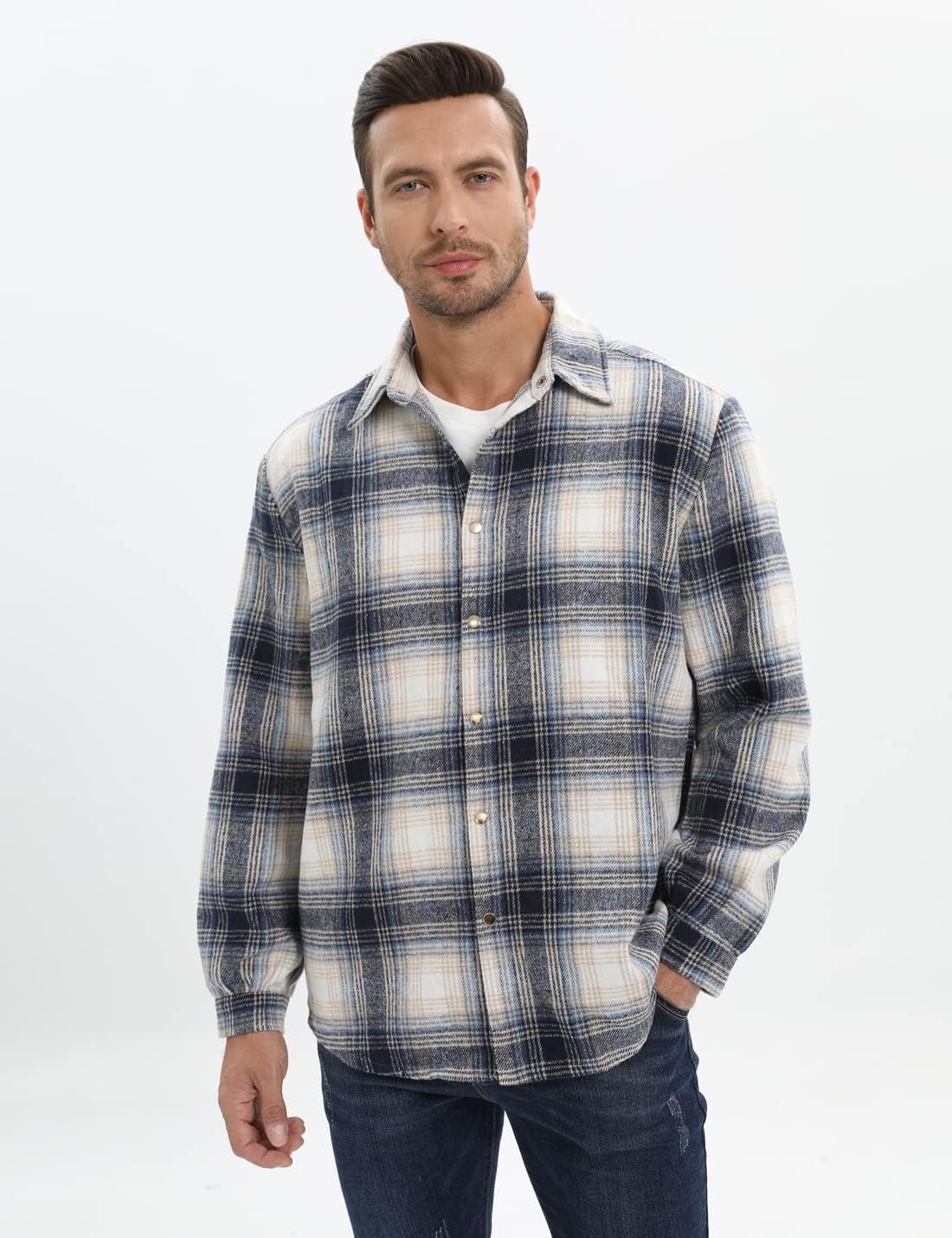 Mens Casual Cotton Plaid Shirts Long Sleeve Button-Down Flannel Overshirt Jacket - Picture 90 of 112