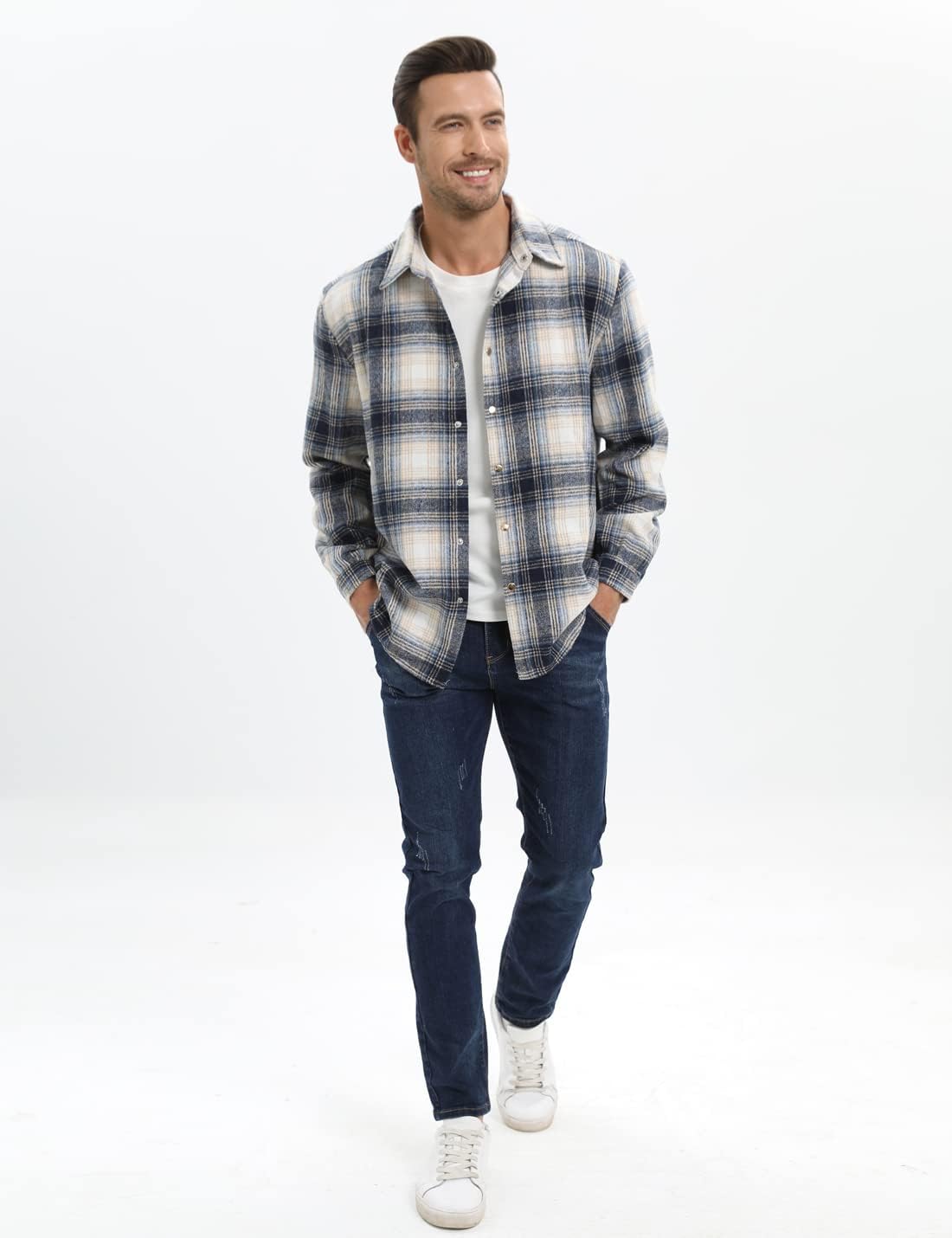 Mens Casual Cotton Plaid Shirts Long Sleeve Button-Down Flannel Overshirt Jacket - Picture 91 of 112