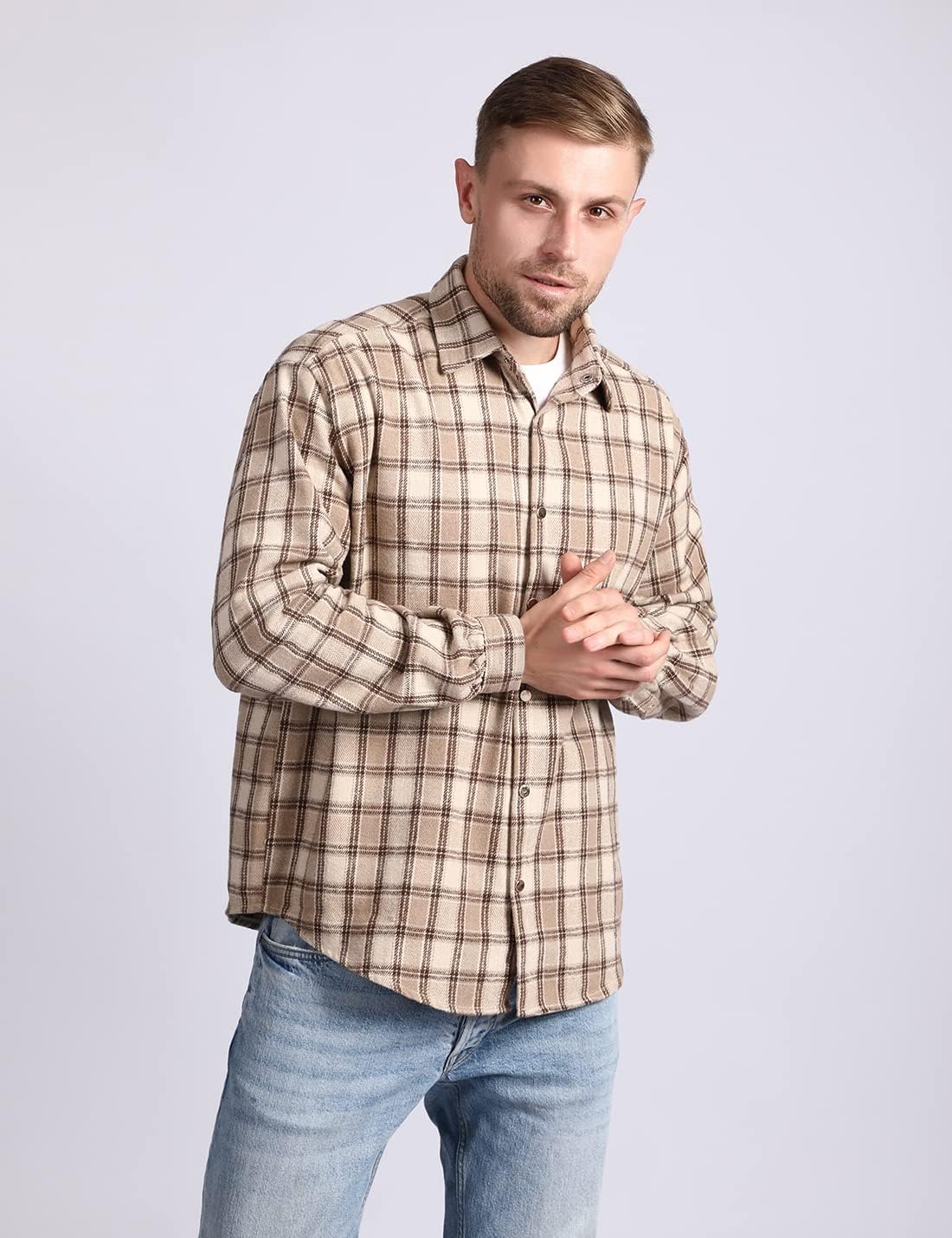 Mens Casual Cotton Plaid Shirts Long Sleeve Button-Down Flannel Overshirt Jacket - Picture 96 of 112