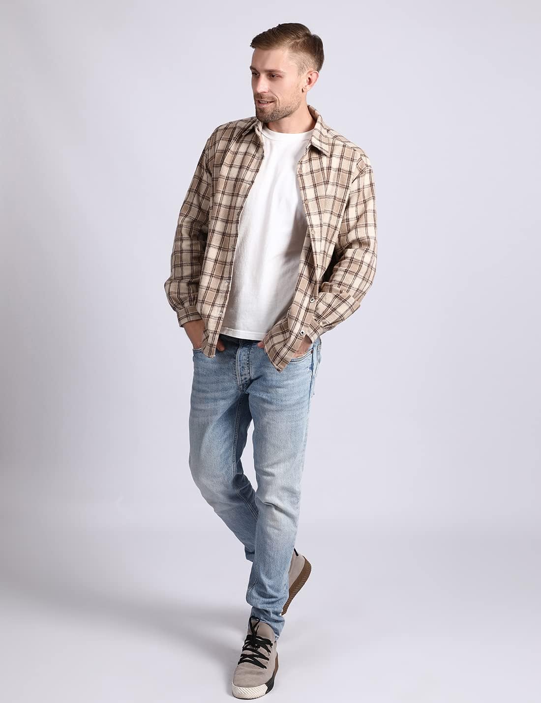 Mens Casual Cotton Plaid Shirts Long Sleeve Button-Down Flannel Overshirt Jacket - Picture 97 of 112