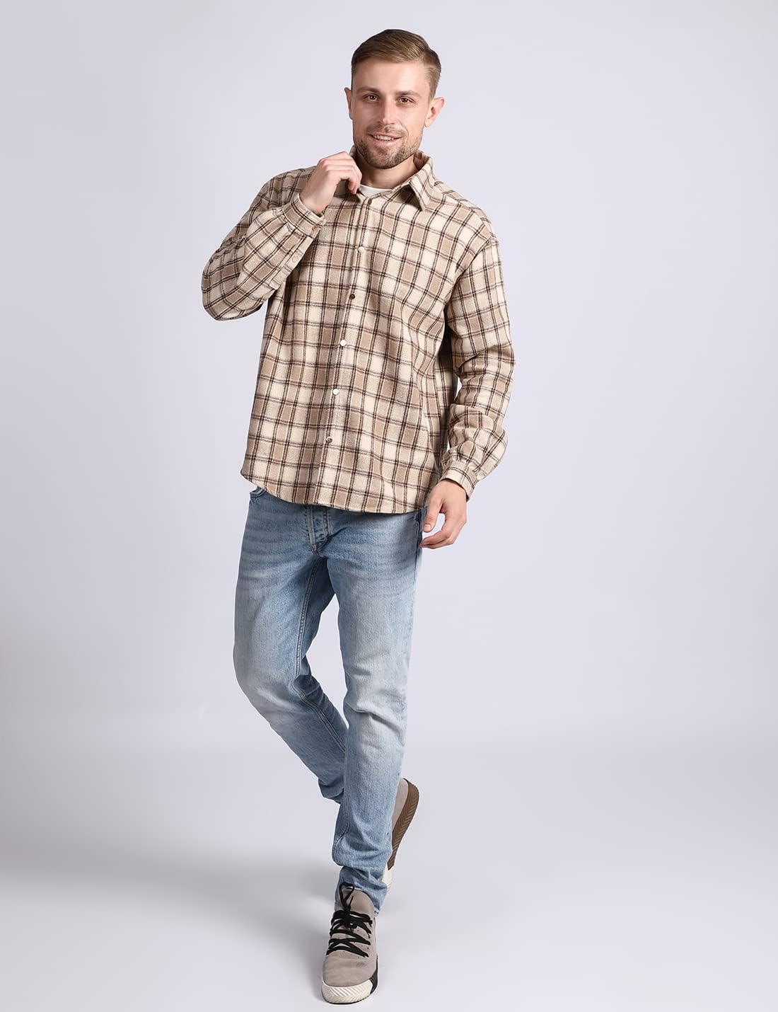 Mens Casual Cotton Plaid Shirts Long Sleeve Button-Down Flannel Overshirt Jacket - Picture 98 of 112