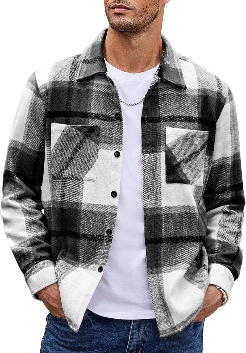 Men’s Flannel Shirts Casual Button Down Plaid Shirt Jacket Shacket with Pockets
