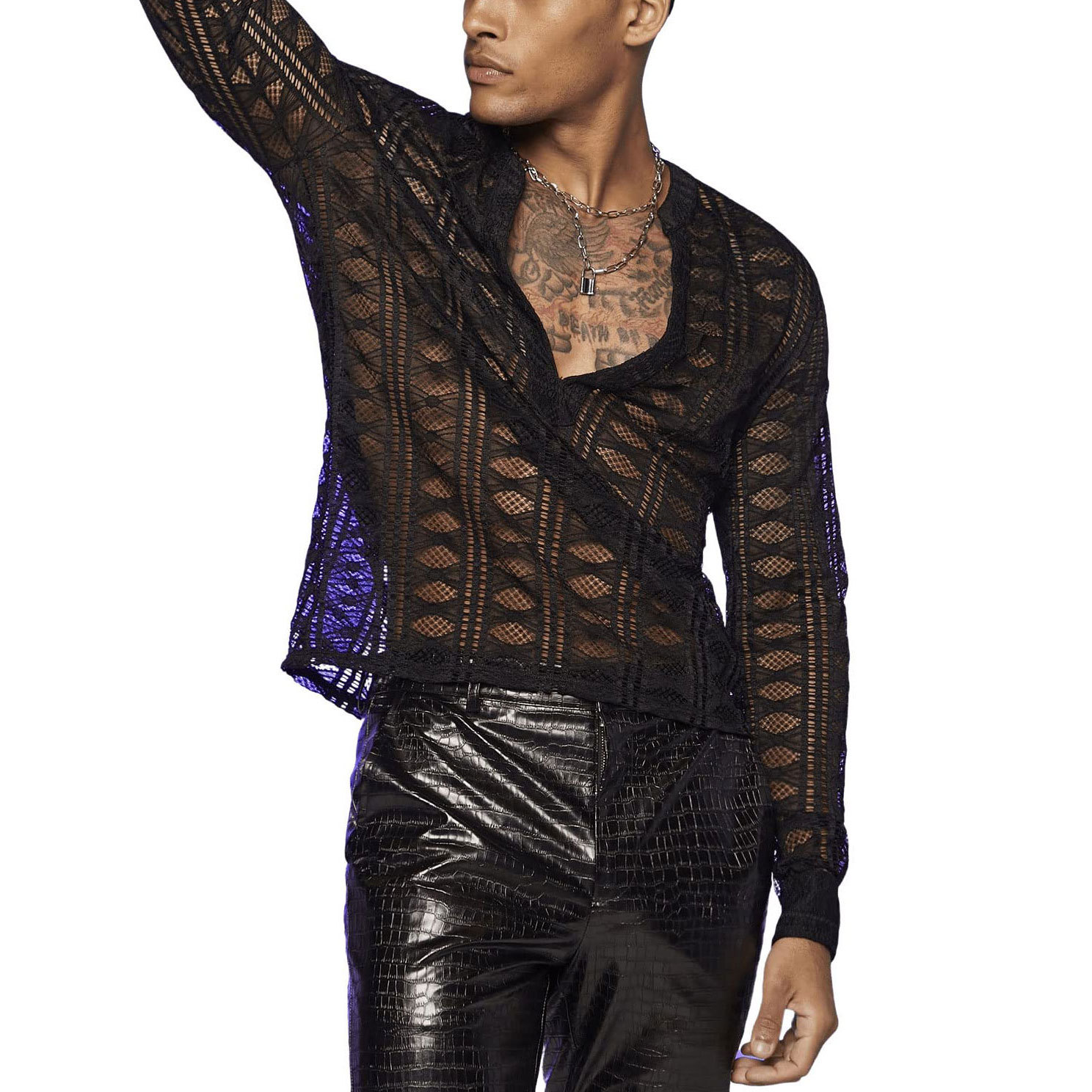 Men's V-Neck Lace Long Sleeved T-Shirt with Transparent Mesh Elastic Shirt Base - Picture 6 of 7