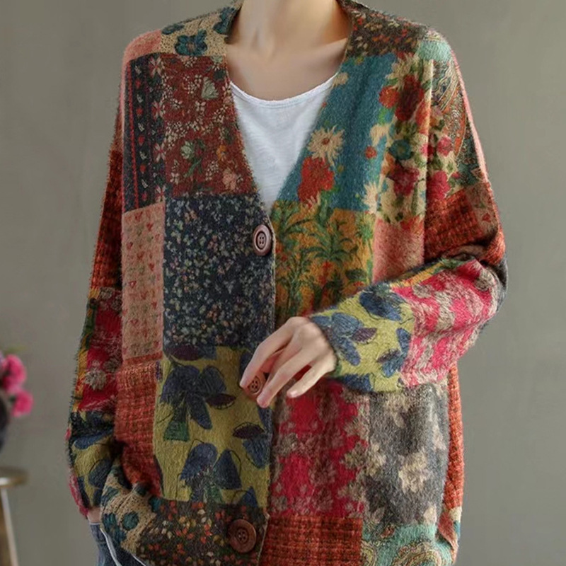 Damen Faux Nerz Samt Pullover Herbst Winter Vintage Print V-Ausschnitt Kragen - Bild 25 von 35