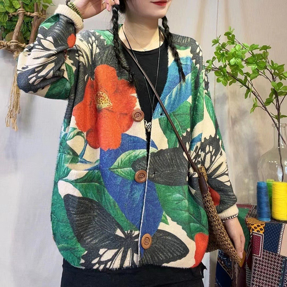 Damen Faux Nerz Samt Pullover Herbst Winter Vintage Print V-Ausschnitt Kragen - Bild 27 von 35