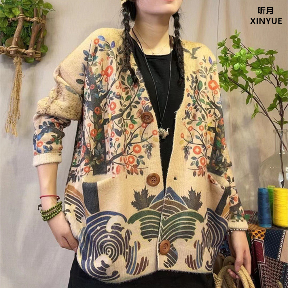 Damen Faux Nerz Samt Pullover Herbst Winter Vintage Print V-Ausschnitt Kragen - Bild 28 von 35