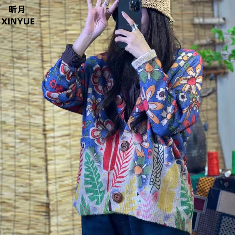 Damen Faux Nerz Samt Pullover Herbst Winter Vintage Print V-Ausschnitt Kragen - Bild 29 von 35