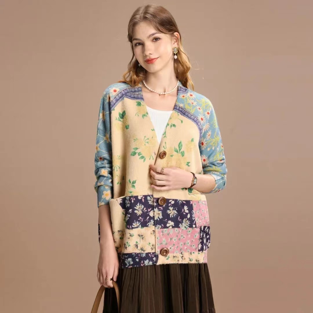 Damen Faux Nerz Samt Pullover Herbst Winter Vintage Print V-Ausschnitt Kragen - Bild 30 von 35