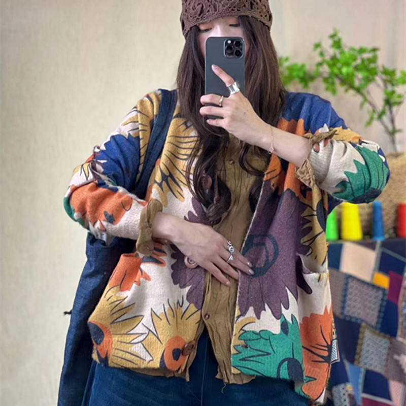 Damen Faux Nerz Samt Pullover Herbst Winter Vintage Print V-Ausschnitt Kragen - Bild 31 von 35