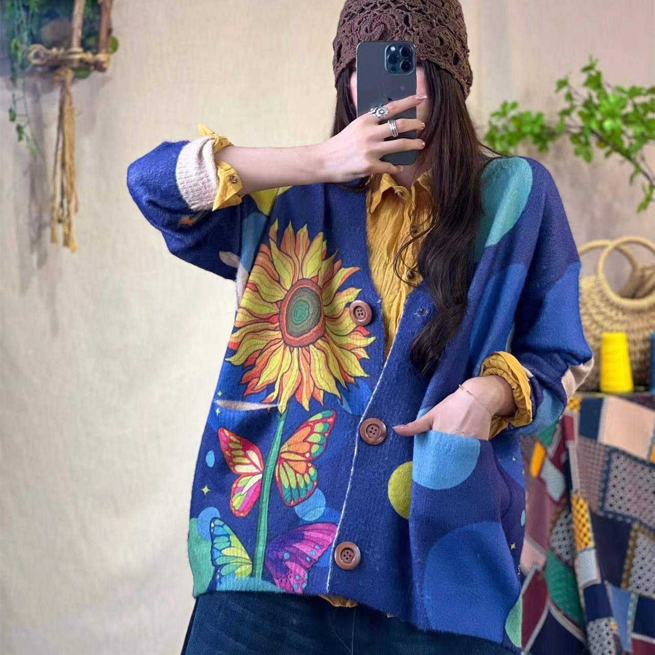 Damen Faux Nerz Samt Pullover Herbst Winter Vintage Print V-Ausschnitt Kragen - Bild 33 von 35