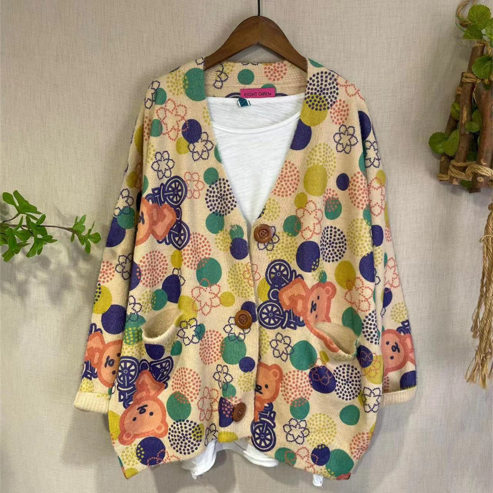 Damen Faux Nerz Samt Pullover Herbst Winter Vintage Print V-Ausschnitt Kragen - Bild 34 von 35