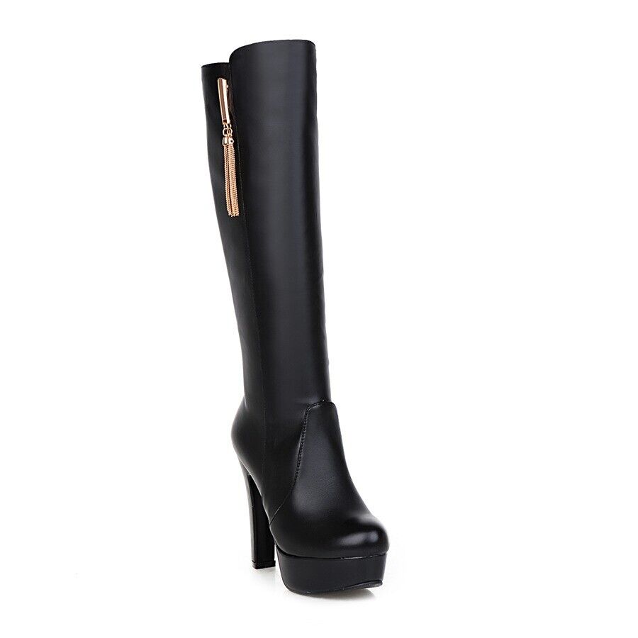 Women's Side Zip High Chunky Heel Platform Knee High Boots Party Tassels Shoes - Picture 15 of 18