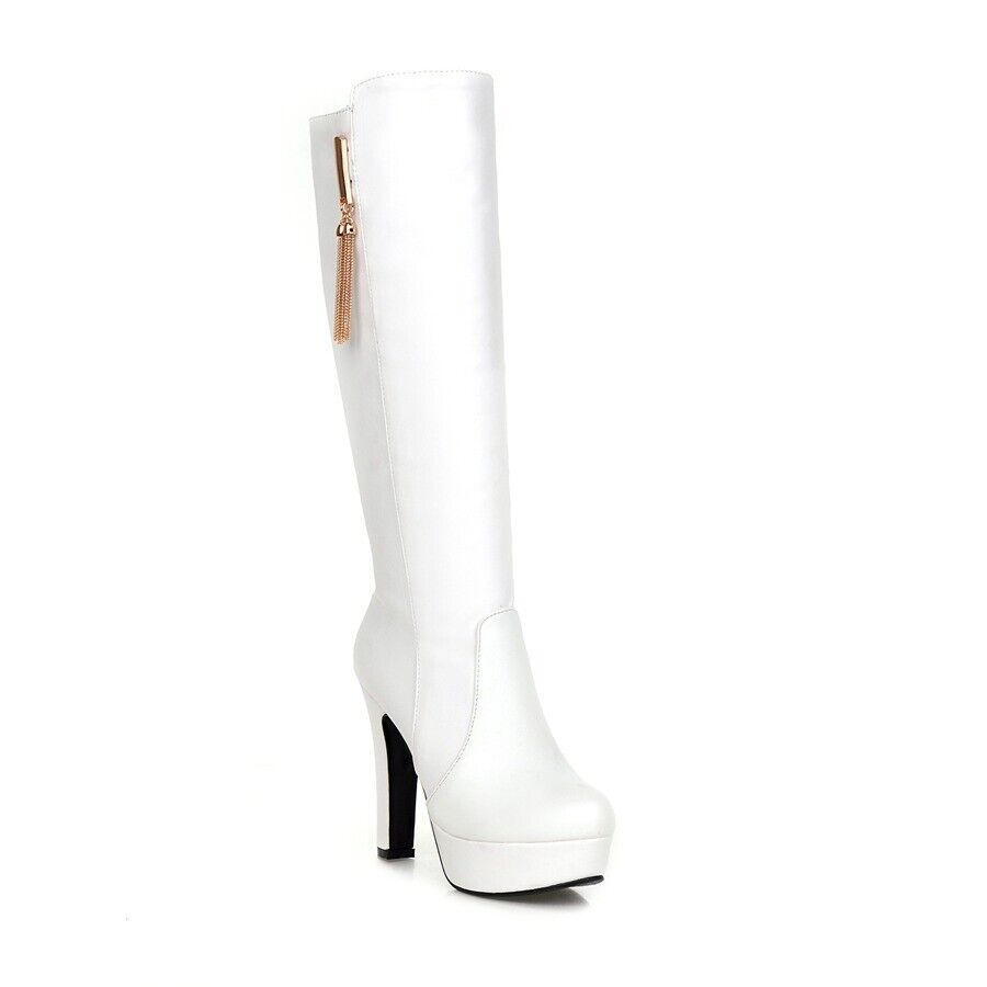 Women's Side Zip High Chunky Heel Platform Knee High Boots Party Tassels Shoes - Picture 16 of 18