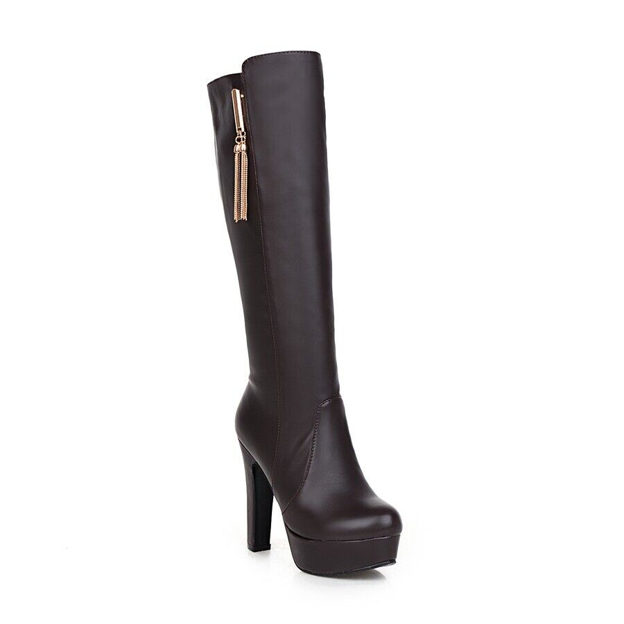 Women's Side Zip High Chunky Heel Platform Knee High Boots Party Tassels Shoes - Picture 18 of 18