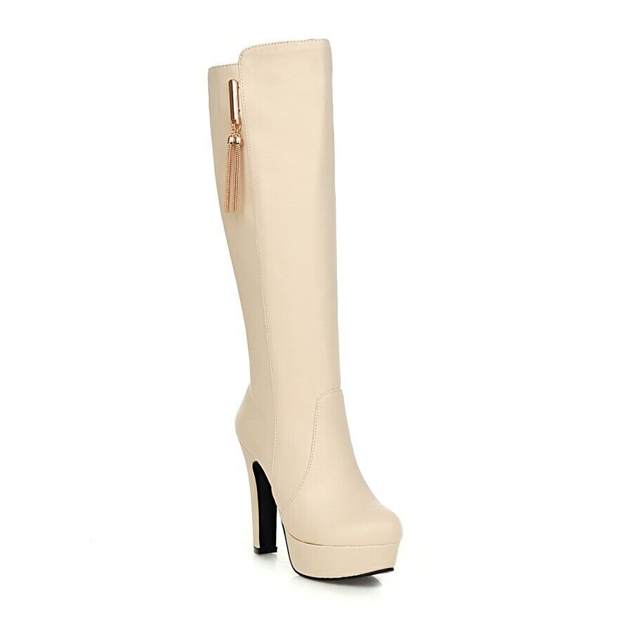 Women's Side Zip High Chunky Heel Platform Knee High Boots Party Tassels Shoes - Picture 17 of 18