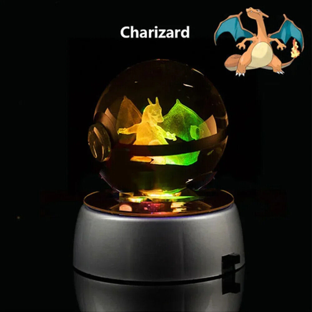 Pokemon 3D Crystal Glass Pokeball Orb and LED Light Stand Perfect Kids Gift