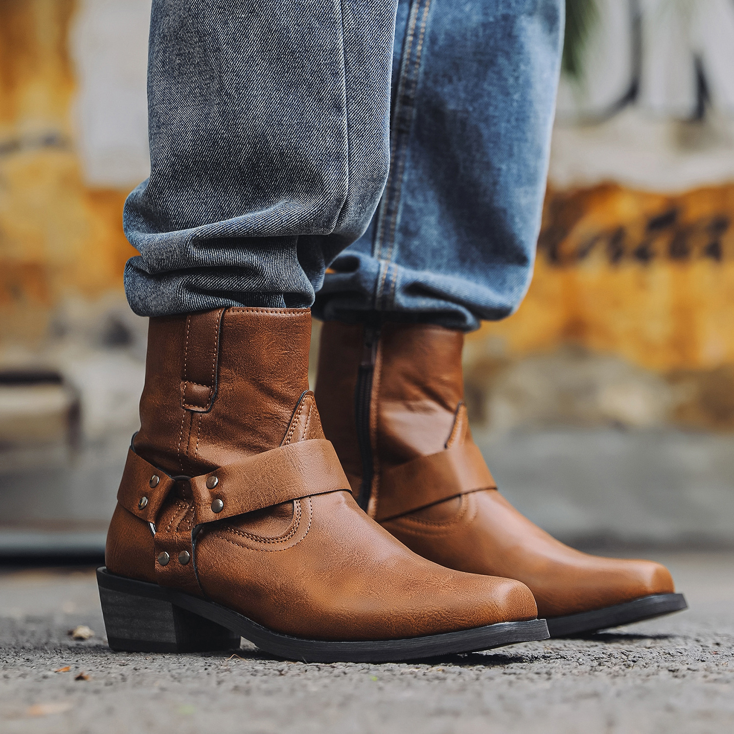 Mens Med Block Heels Square Toe Ankle Riding Boots Western Cowboy Shoes Size - Picture 16 of 17