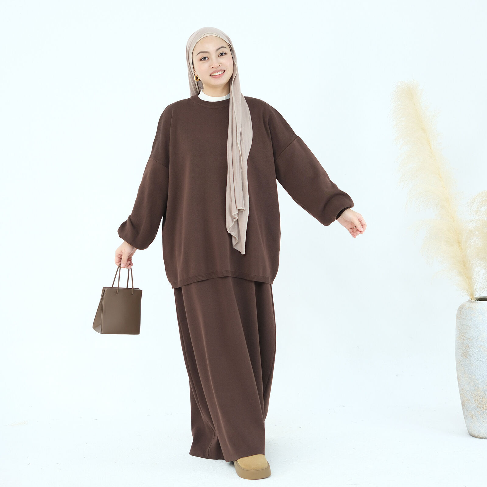 2-teiliges Set muslimische Abaya Winter Damen Pullover Rock islamische Strickkleidung Dubai - Bild 26 von 59
