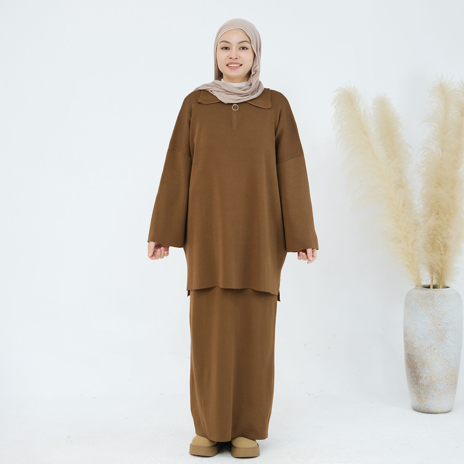 2-teiliges Set muslimische Abaya Winter Damen Pullover Rock islamische Strickkleidung Dubai - Bild 59 von 59