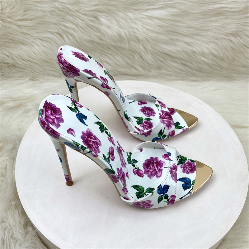 Women Slippers High Heel Pointed Toe Stilettos Mules Florals Shoes Sandals Party - Picture 16 of 17