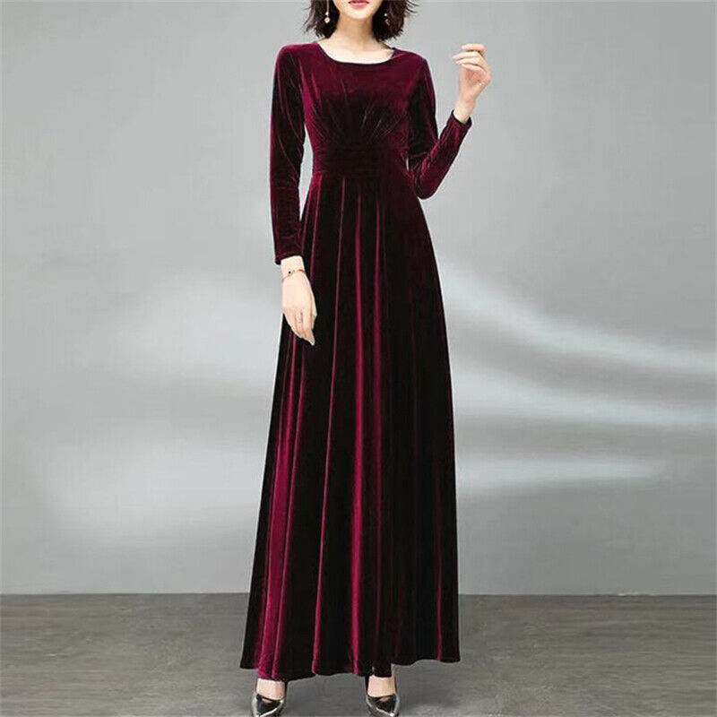 Women Long Velvet Dress Crew Neck Pleated Stretchy Cocktail Plus Size Ball Gown - Picture 19 of 21