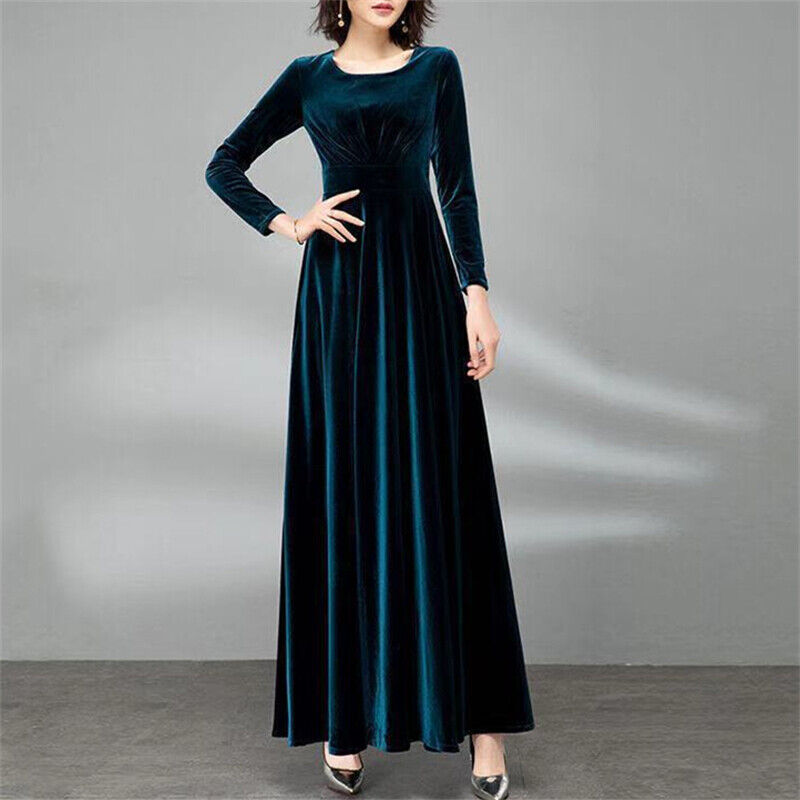 Women Long Velvet Dress Crew Neck Pleated Stretchy Cocktail Plus Size Ball Gown - Picture 18 of 21