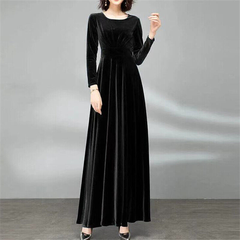 Women Long Velvet Dress Crew Neck Pleated Stretchy Cocktail Plus Size Ball Gown - Picture 17 of 21
