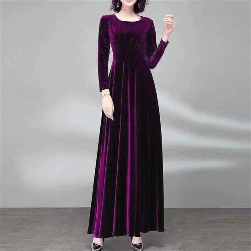 Women Long Velvet Dress Crew Neck Pleated Stretchy Cocktail Plus Size Ball Gown - Picture 20 of 21