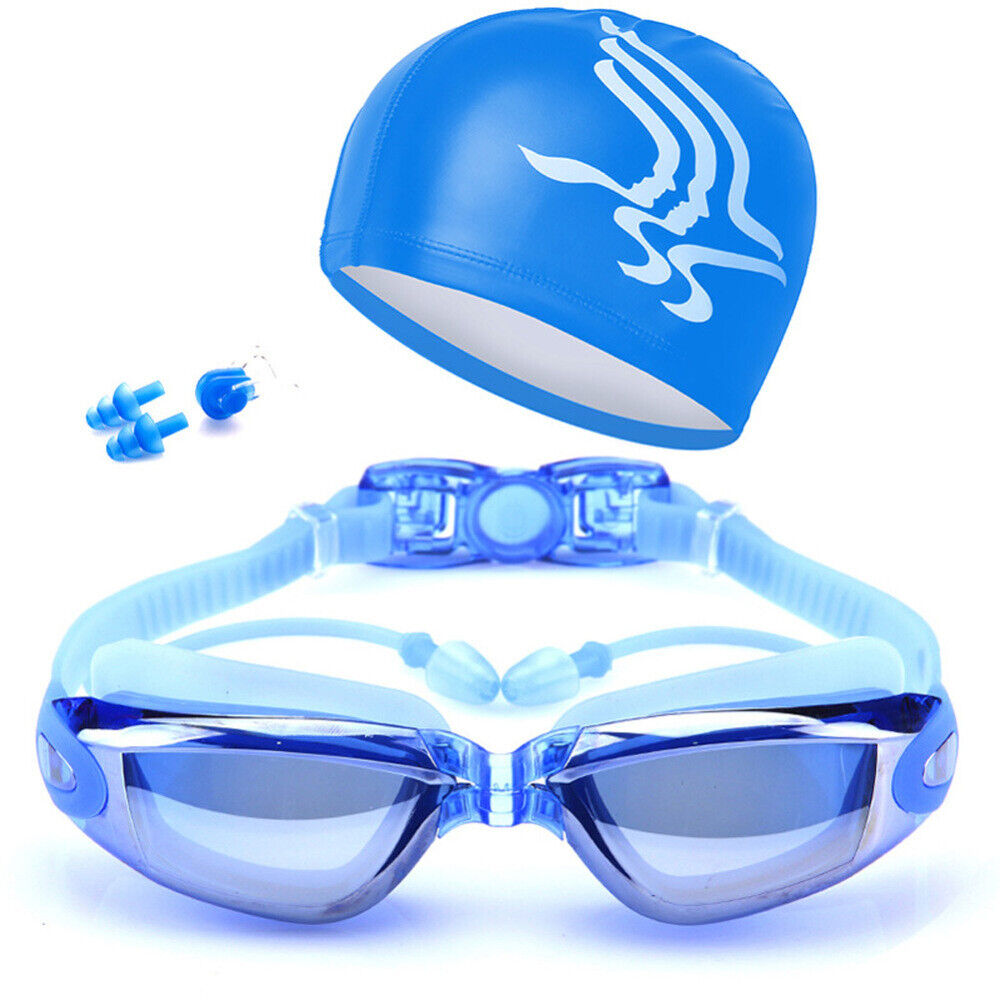 Adult Swimming Glasses Kit Coated Lens Anti Fog Swim Goggles with Cap Nose Clip - Picture 14 of 16