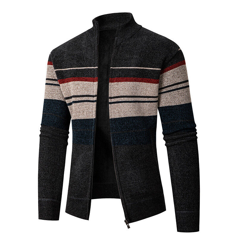 Men's Classic Zip Up Cardigan Fleeced Lined Stripe Knitted Sweater Jumper Tops - Picture 23 of 24