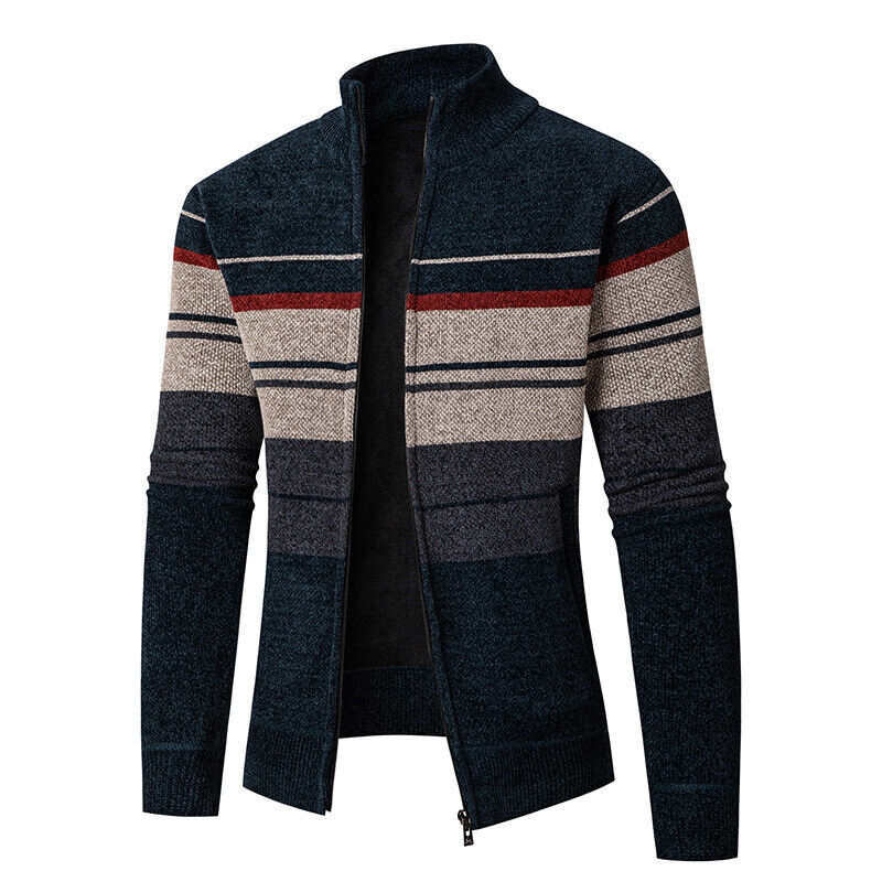 Men's Classic Zip Up Cardigan Fleeced Lined Stripe Knitted Sweater Jumper Tops - Picture 24 of 24