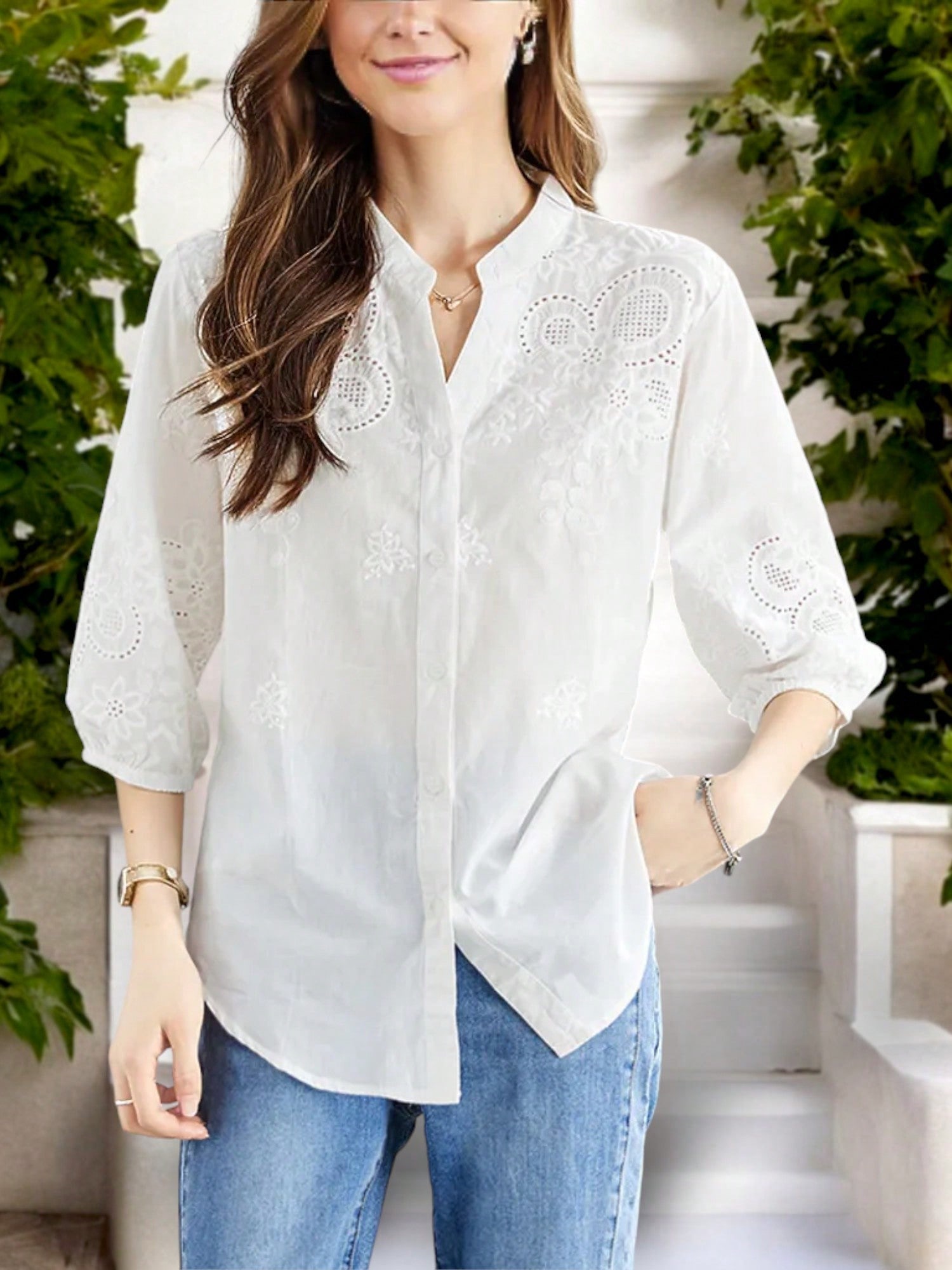 Women's 3/4 Sleeve Button Down Shirt With Embroidered Eyelet Details And V-Neck - Picture 15 of 15