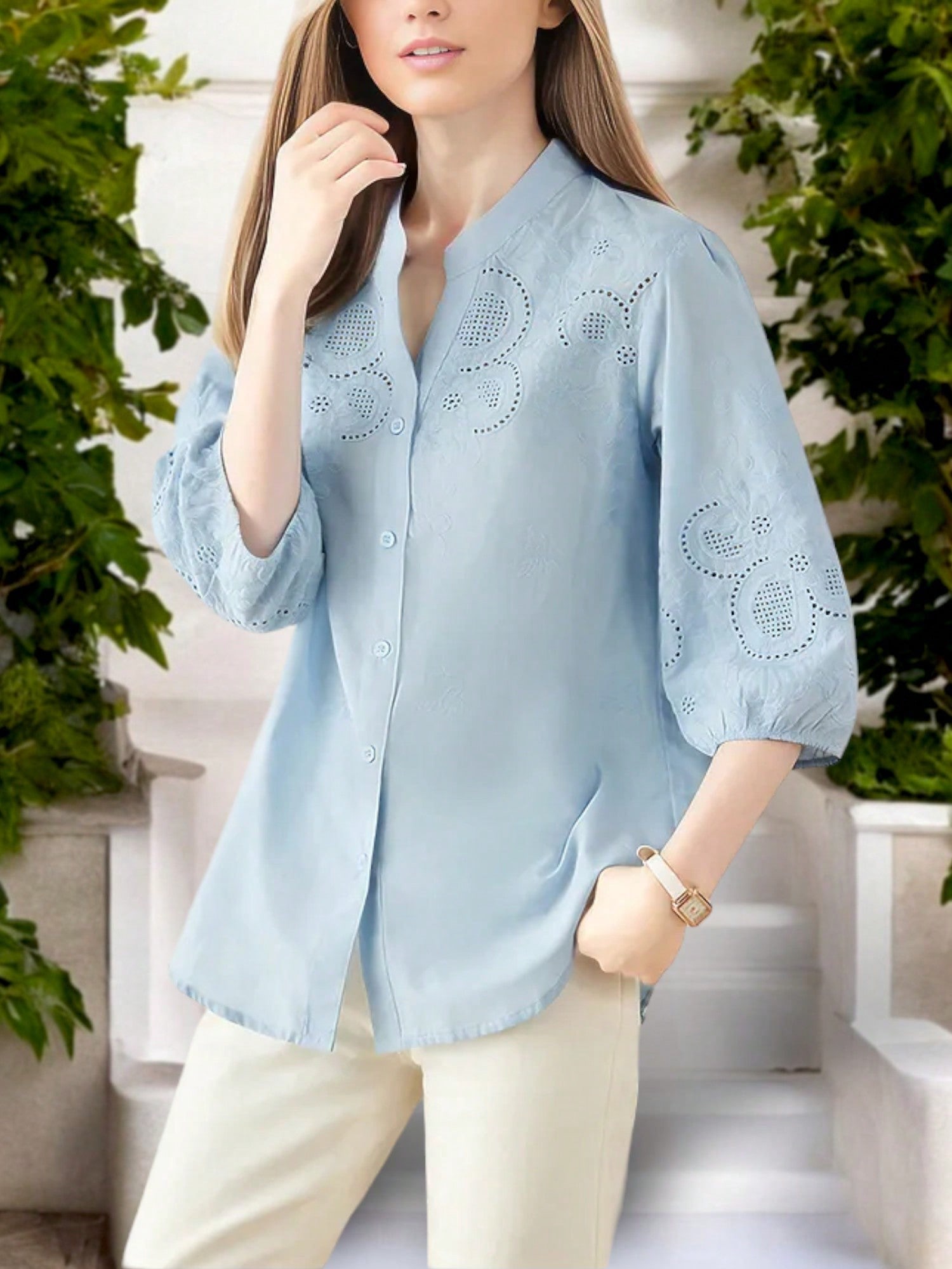 Women's 3/4 Sleeve Button Down Shirt With Embroidered Eyelet Details And V-Neck - Picture 14 of 15