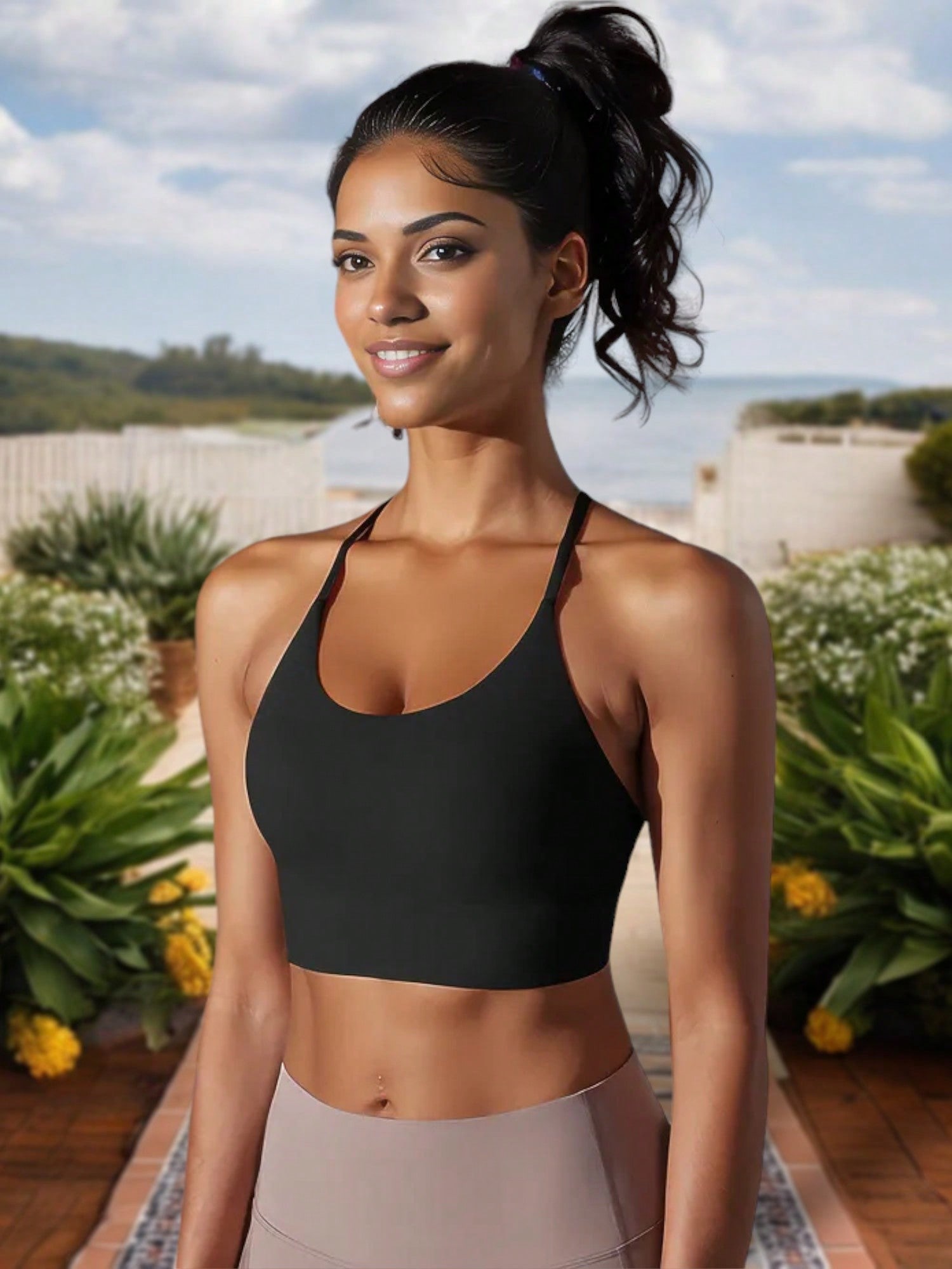 Women's Strappy Back Sports Bra With Scoop Neckline And Padded Support - Picture 13 of 15